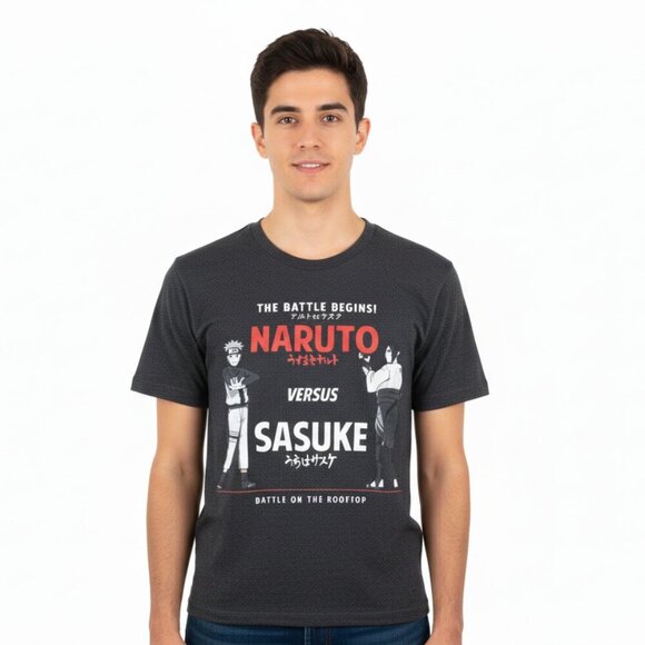 Naruto Shippuden Sasuke vs Naruto Battle on the Rooftop Graphic Tee Size S Gray - Picture 1 of 8